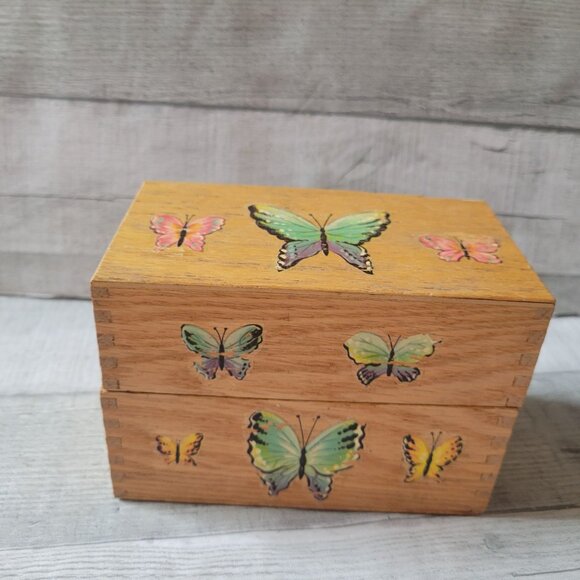 Handcrafted Wooden Recipe Box With Butterfly Design & Divider Tabs - Picture 1 of 7